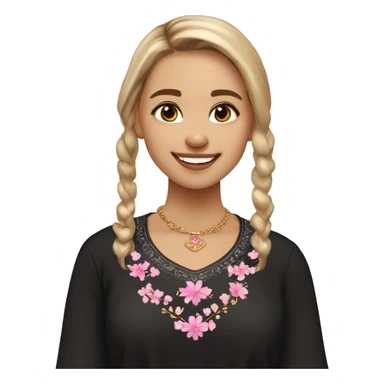 Slavic girl, light skin, brown eyes, black-to-blonde ombre straight tail, smiling with teeth, wearing beautiful dark blouse with a folk pattern of small pink flowers and gold necklace. sticker