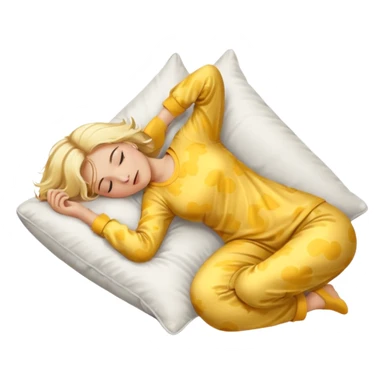 woman with blond hair in yellow pajamas, sleeping on her back on a white pillow, classic iOS emoji style sticker
