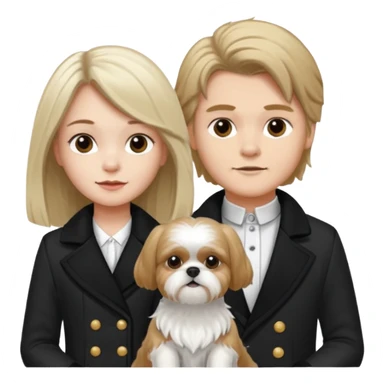 A couple boy with nice hair  and beautiful girl with long dark blond hair and with two shih tzu dogs with  black and white coat sticker