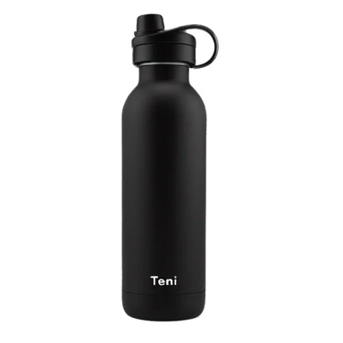 Black coloured reusable water bottle with handle sticker