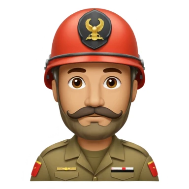 tired Iraqi military, in a helmet, with a moustache and beard sticker