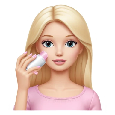 A white Barbie girl with long blonde straight hair in pale pink clothes smears by hand cosmetic cream on her face sticker