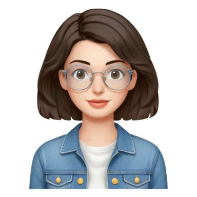 Anne Hathaway with wire-rimmed circle glasses and short wavy hair, wearing scoop neck white dress and a denim jacket sticker