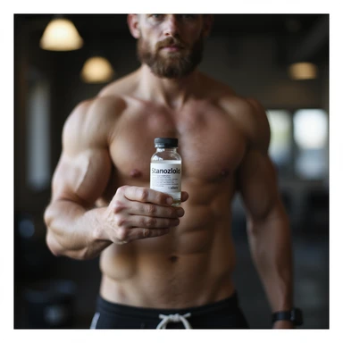 realistic photo of a crossfit athlete holding a vial labeled 'Stanozololo', prominent muscles, natural light, gym background sticker