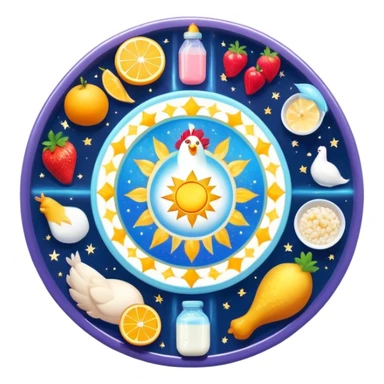 Magical daily fitness nutrition schedule with ethereal water bottle, celestial sun, enchanted chicken and rice plate, mystical gym equipment, glowing yogurt, sparkling fruits, and dreamy sleep symbol, all arranged in a cosmic circle with starry aura sticker