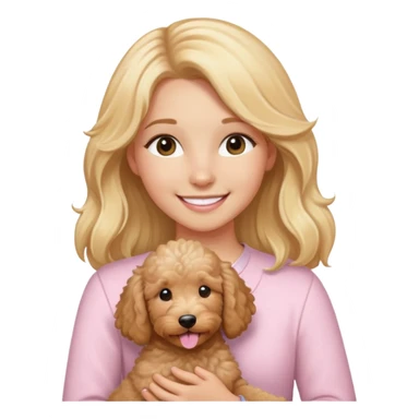 girl with long blonde hair wearing light pink smiling holding tan goldendoodle sticker