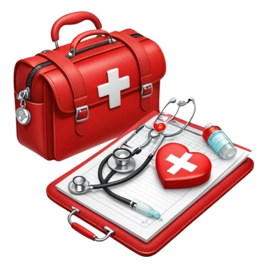 An icon featuring a medical bag with a red cross, a stethoscope, and a syringe, symbolizing medicine. The design includes pills, a heart monitor, and a clipboard with patient notes, representing healthcare, diagnostics, and treatment. Transparent background highlights the science of medicine. sticker