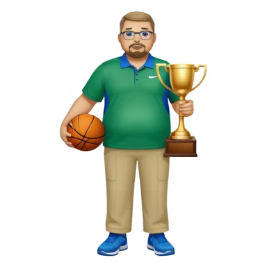 full body white obese male basketball coach with trophy. Goatee , Wearing glasses and blue and green nike polo shirt and khaki pants sticker