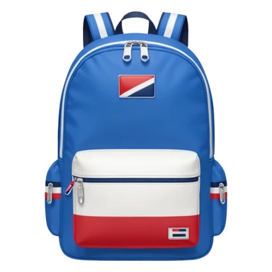 simple blue backpack, at the bottom pocket there is a  logo featuring a Tommy Jeans-inspired logo. The logo looks like a vertically one red, one white. The flag stripes are vertical, not horizontal. Flat

 sticker