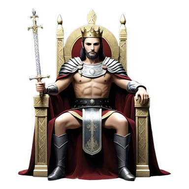 Un rey sentado en su trono con un enemigo arrodillado frente a él, recibiendo un título y una espada en señal de confianza. El enemigo, antes derrotado, ahora jura lealtad. En el fondo, los amigos del rey lo observan con desconfianza, incómodos con la situación. sticker