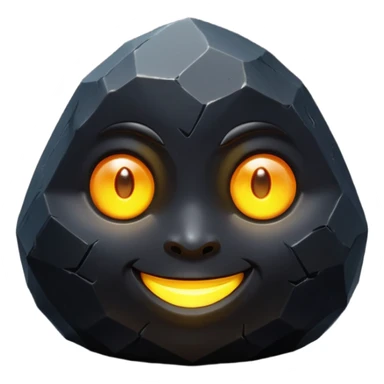 Single black obsidian rock character, thick and heavy with sharp facets and subtle reflections, carved cute face with glowing round eyes and a small smile, 3D render, high detail, soft backlighting, isolated on a plain dark background. sticker