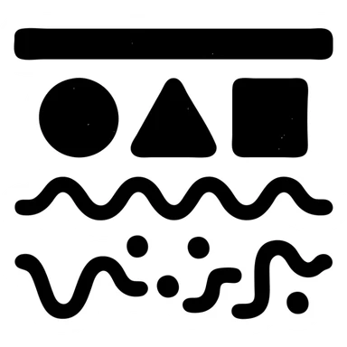 abstract minimalist solid icon of geometric shapes below a horizontal line, with abstract data streams of lines, dots, or waves, worn and distressed effect sticker