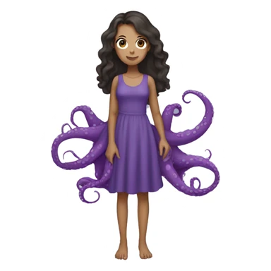 girl (full body) with longish dark hair, wearing a purple dress and holding a purple octopus sticker