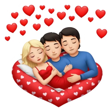 Sleeping couple. two people. man has dark hair. woman is blonde. hearts surrounding them. sticker