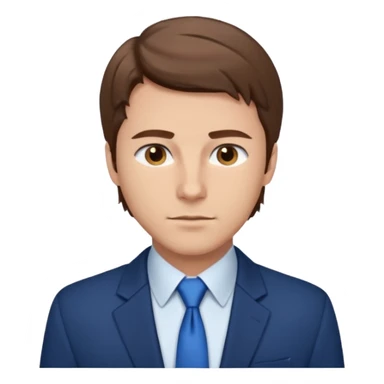 un homme type caucasien brun avec des jolies traits avec une chemise blanche et une veste a manche longues et cravate bleu il a les yeux marron sticker