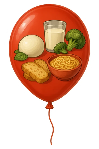 PALLONCINO ROSSO CON DENTRO UNA MOZZARELLA, UN BICCHIERE DI LATTE, UNA BOWL DI PASTA, QUALCHE BROCCOLO, QUALCHE FETTINA DI PANE sticker