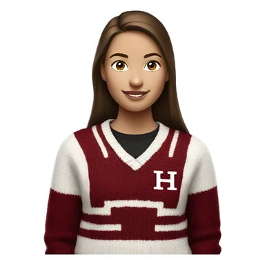 Girl with brown hair and white skin wearing a crimson and white sweater with the black crimson and white Harvard University logo on it  sticker