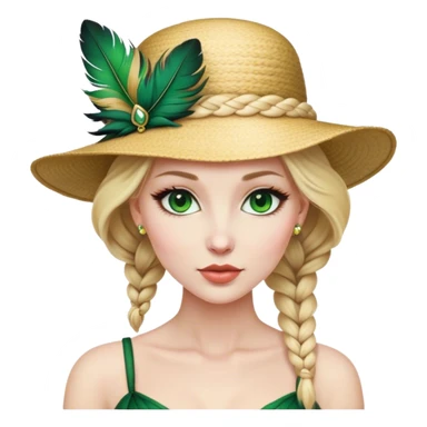 lady with Pale complexion, sharp features, high cheekbones, Blonde hair, usually styled in braided updo, green eyes accessorized with a feathered hat sticker