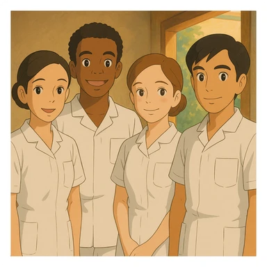 Group of four nursing students, Ghibli style, wearing short-sleeved white uniforms with V-neck collars, left chest pockets, no stand-up collars, no stethoscopes, clean sleeves. Characters inspired by four provided faces. sticker