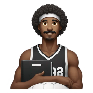 black basketball player with moustache curly hair and headband wearing black and white jersey holding the book sticker