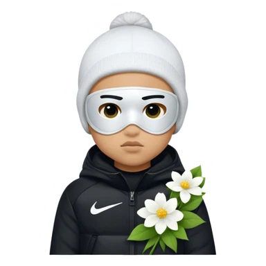 Light skin little boy with a Nike ski mask and wearing a black jacket with white flowers on it sticker