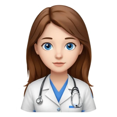 inside a classroom at university, a pretty female nursing student with long brown hair, blue eyes sticker