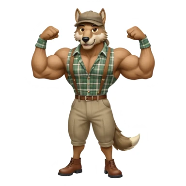 extremely super-duper hyper muscular wolf furry extremely exaggerated muscles with chiseled face, horse-length bullneck and an elongated snout, wearing a plaid dress shirt halfway buttoned, khaki dress slacks and very large newsboy cap on his head while flexing his bicep muscles sticker