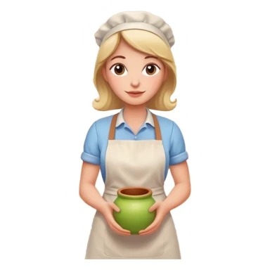 cartoon Apple iOS emoji style woman, pastel colors, Chilean wooden kitchen background, clay pots, warm light, detailed and clean vector art sticker
