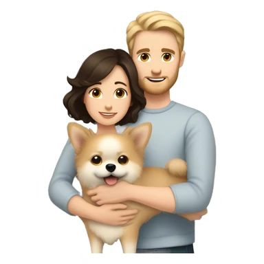 Young white man with short dark hair with a small beard hugging his white wife with dark brown hair and both of them hugging a beige and white Pomeranian  sticker