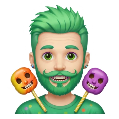 very colorful puffy green haired man just beard  no mustache made out of candy wearing teeth-braces and excessive face tattoos just face  sticker