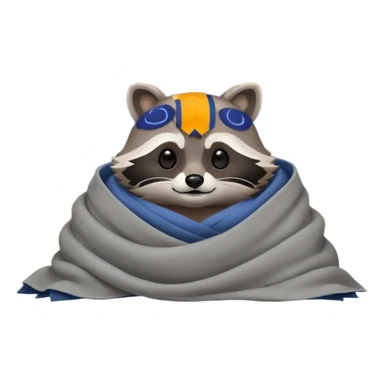 A raccoon sleeps under a blanket against the backdrop of an open window with the moon sticker