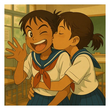 Add a friend to the Japanese brown-skinned high school girl, both in Tokyo school uniforms, sharing a quick, sneaky kiss on the cheek (classmate not shown), playful and energetic, Japanese classroom background, in Ghibli anime style. sticker