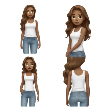 girl with long ￼layered hair hazelnut brown hair, dark green eyes and freckles standing wearing a white tank top and light blue denim jeans sticker