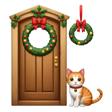 A door with a cat in front of it with h christmas elements on the door sticker