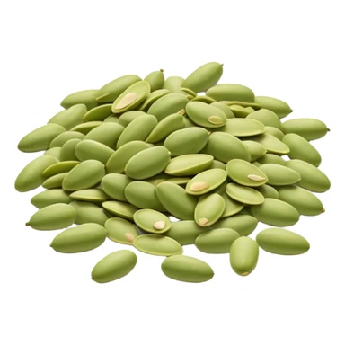 loose scatter of pale green pumpkin seeds with smooth, flat, oval shapes and a soft matte surface, seeds vary slightly in size and tone, natural shelled presentation, no bowl or extras, soft lighting, subtle shadows, emoji scale sticker