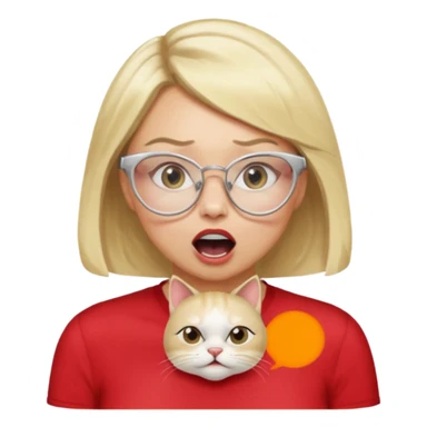 emoji style, side view woman with light skin, blonde bob hair, white cat-eye glasses, red shirt, hand cupped tightly around her mouth, hand close to nose and lips, shouting loudly, energetic expression, simple background sticker