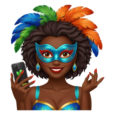i need the same girl in "dark skin girl, dark red lipstick, nails very beautiful" to be smiling in "carnival mas costume, blue, green and orange preferably, full costume feathers at the back" she is to be smiling and happy with a phone in her hand taking a pico  sticker