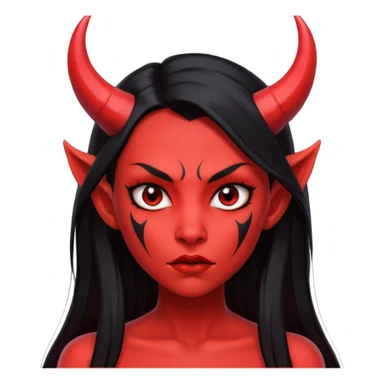 Head only demon girl; face with pronounced cheekbones and angular jaw; skin is uniform pure red (#FF0000) everywhere; long straight smooth black hair; small horns sticker