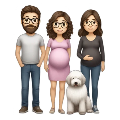 Pregnant girl with half long brown hair with glasses, a boy with long beard, glasses and short hair and english sheepdog sticker
