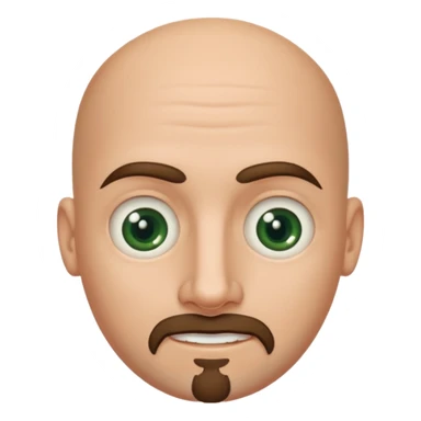 white caucasian bald man's face, with brown goatee and dark green eyes, oval face, rounded, big, little eyes a small smile sticker