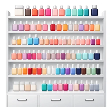 big beauty salon showcase with well-organized brand-labeled beauty products on a white shelves sticker