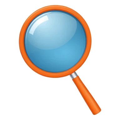 A stylized blue magnifying glass tilted right, flat design, minimalist, vibrant orange handle, white circular background, high resolution, 2048x2048 pixels, vector art, clean lines sticker