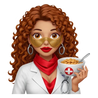 Sensual Spanish Lilith core evil surgeon.red outfit.  Surgeon has hazel eyes. Her hair is BROWN. Hair is also  long and  curly. wearing a sexy surgeon outfit with platform  heels.she is a calculated smart cereal killer. She covers only her mouth and nose with silk scarf to hide identity  sticker