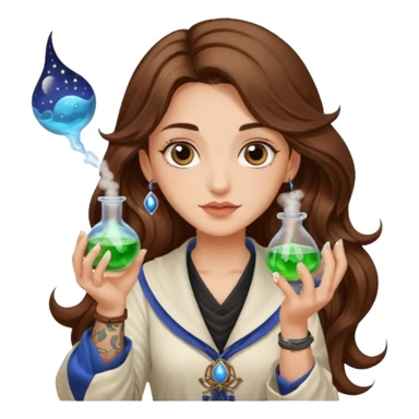 moon alchemist woman long wavy brown hair tattoos holding small potion sticker