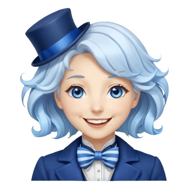 Beautiful gorgeous anime lady with white wavy hair with thin blue stripes, blue eyes, blue short top hat with a blue bow tie, smug grin, laughing, happy, blue coat, blue cravat, white gloves sticker
