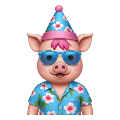 Pig with blue aloha shirt, birthday hat, sunglasses sticker