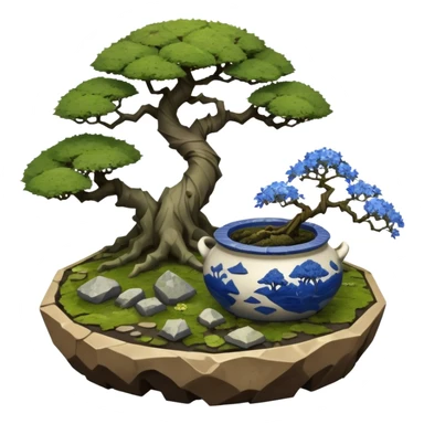 Alien landscape mudman very old broken cracked intricate Stone Age rocky-crusted irregular dodecagon-shaped shallow dark moss rough bark blue willow flowered maple tree bonsai pot sticker