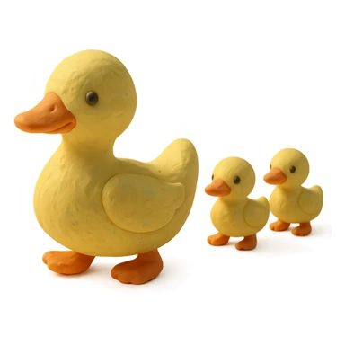 mother duck with ducklings following her, playful and cute, pastel colors, visible fingerprints, claymation style sticker
