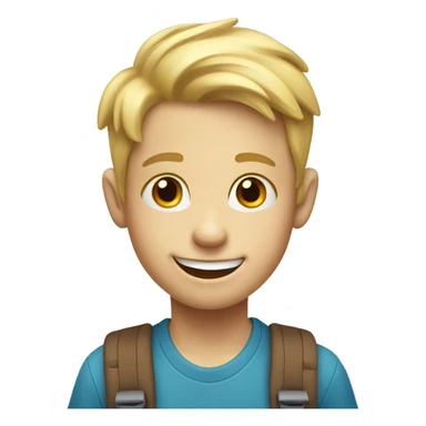 smiling blonde boy with front tooth missing and with backpack sticker