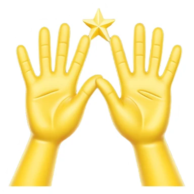 A 3D digital emoji of two yellow cartoon hands doing a joyful high five, palms clapping together in the air, with bright sparkles and motion lines to show excitement and celebration, Apple emoji style sticker